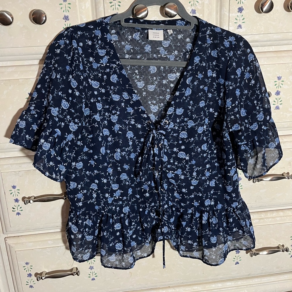 Navy Blue Floral Blouse